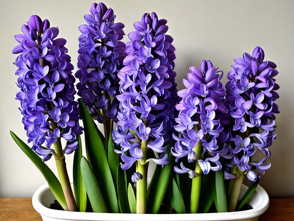 Vibrant Purple Hyacinths in White Planter Arrangement