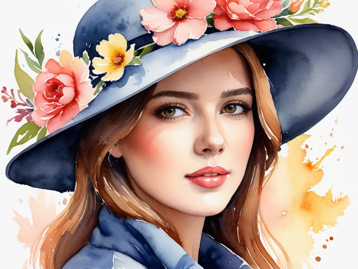 Woman in Blue Hat with Colorful Flowers and Watercolor Background