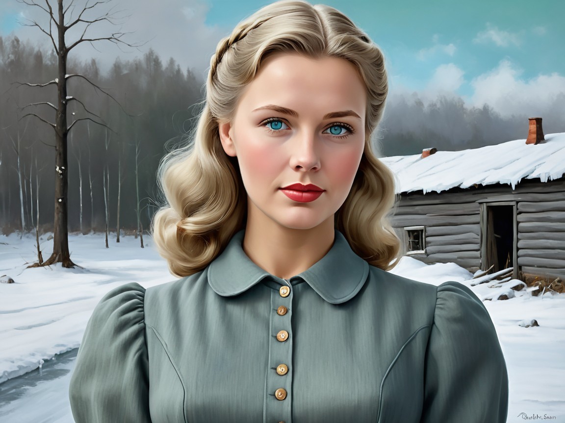 Young Woman in Vintage Dress in Snowy Landscape