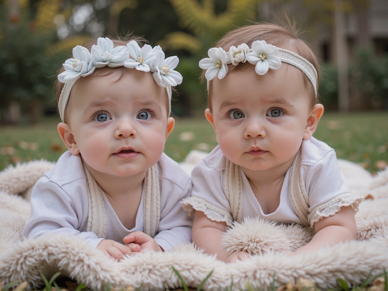Babies on a Soft Blanket Surrounded by Greenery