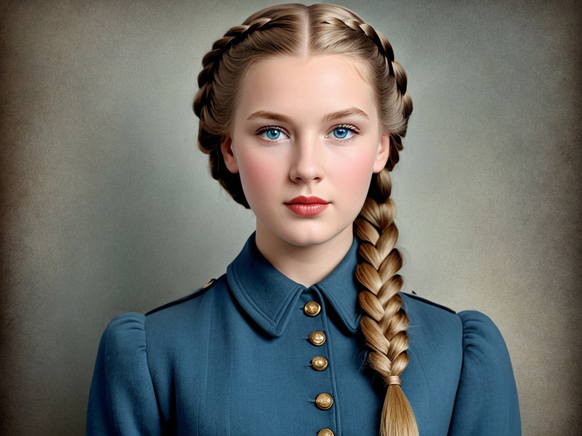 Young girl in vintage blue dress with braided hair
