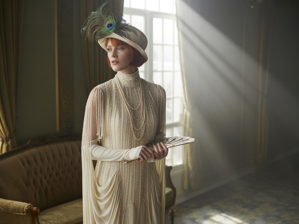 Elegant Woman in Vintage Room with Ivory Gown
