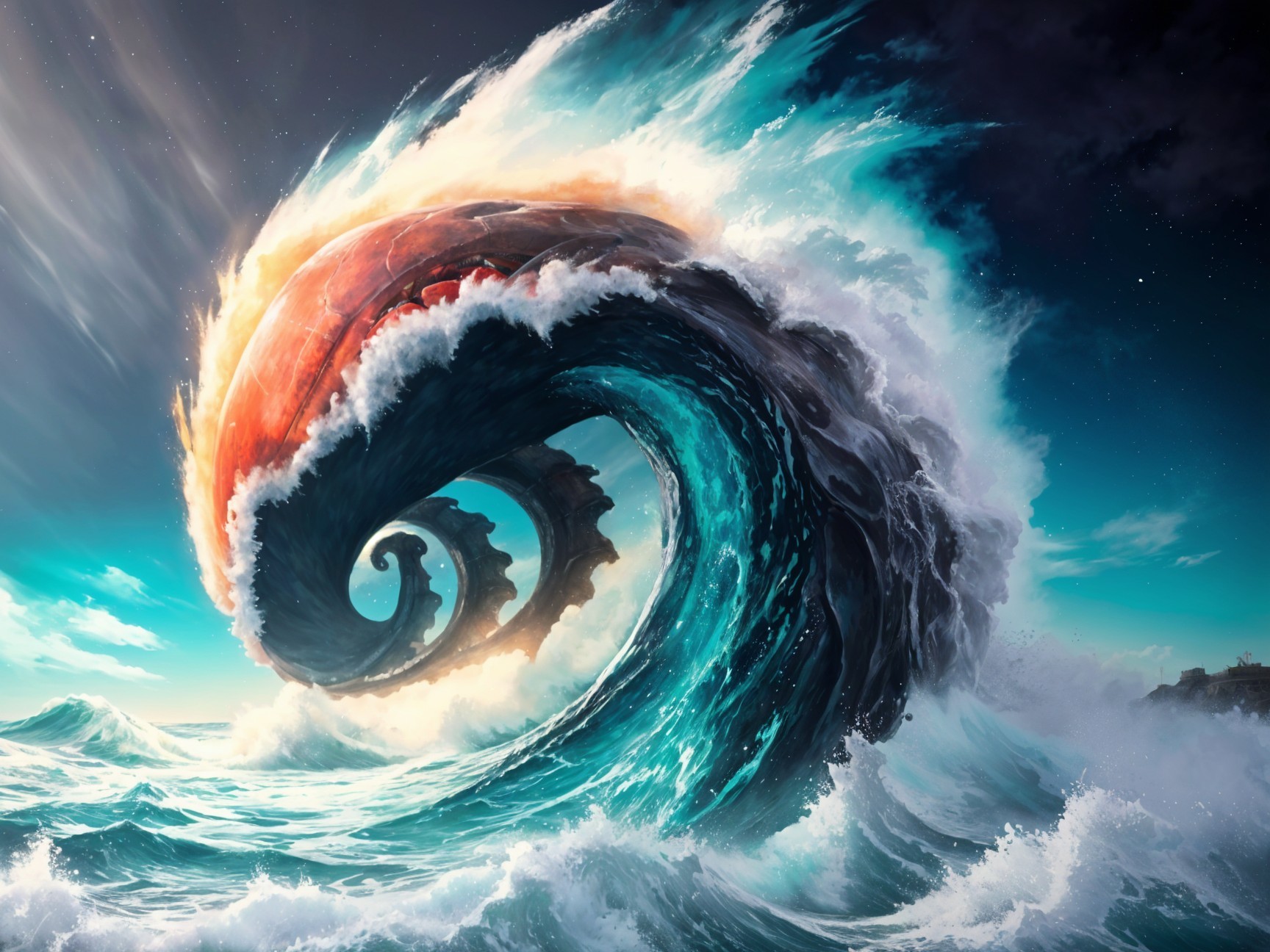 Fantasy Scene of Fiery Wave Against Starry Sky