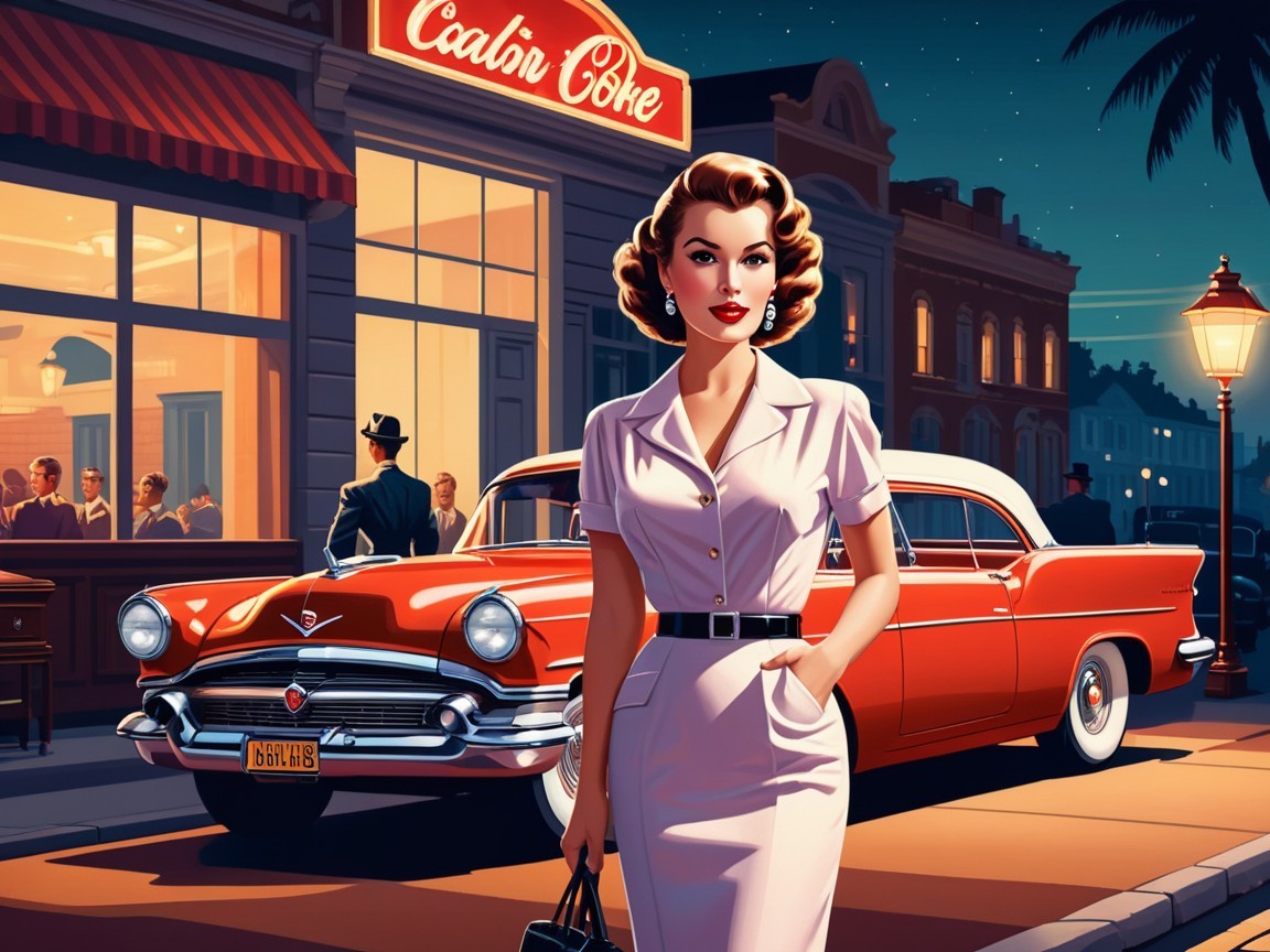 1950s Glamorous Woman by Classic Red Car at Diner