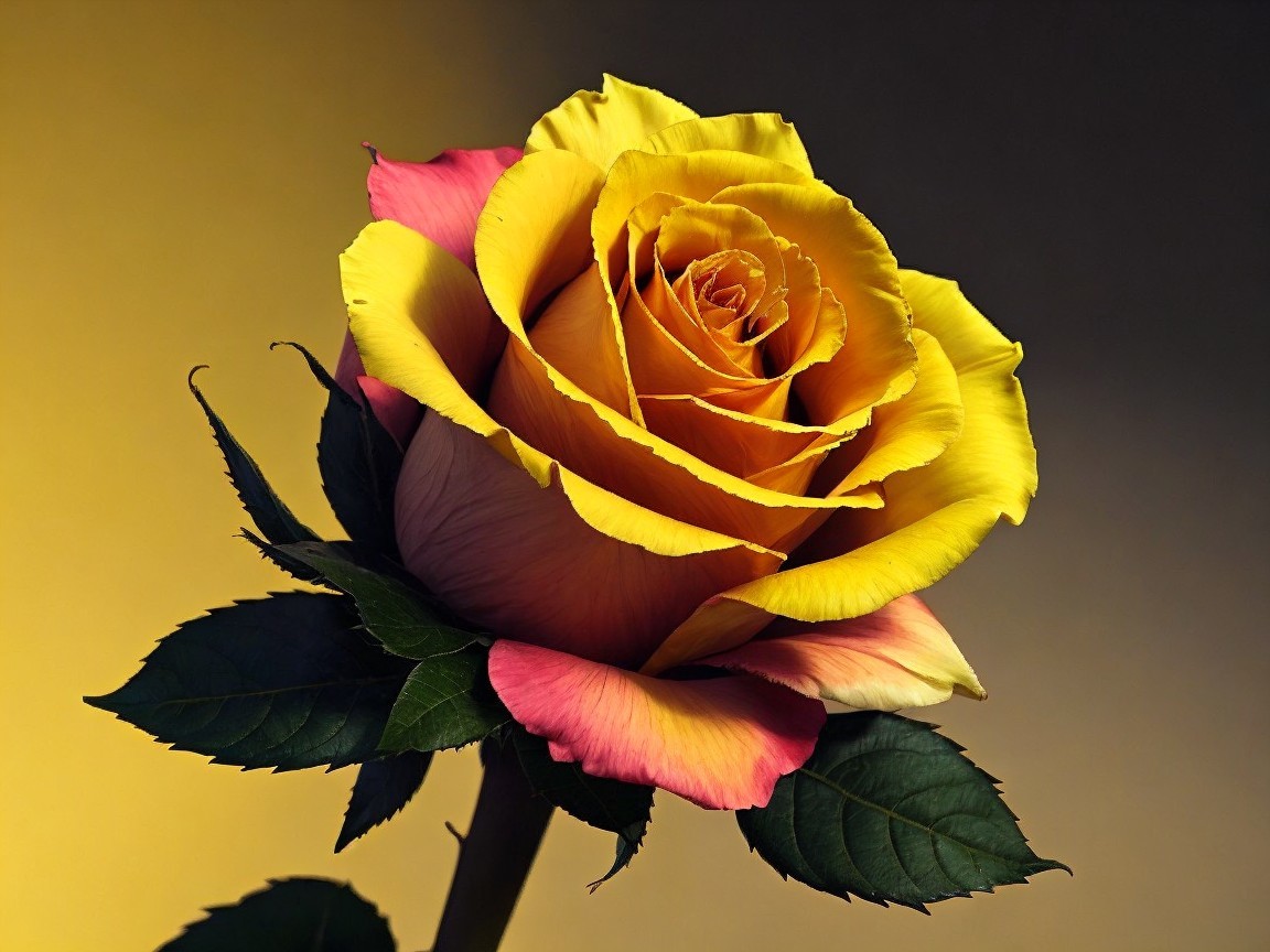 Vibrant Yellow and Pink Rose with Green Leaves