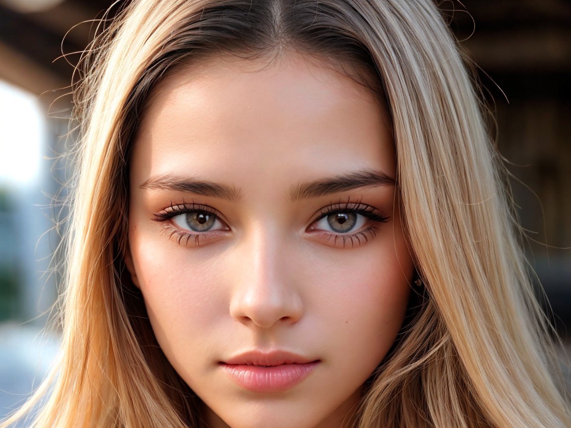 Young woman with blonde hair and gray eyes in soft light