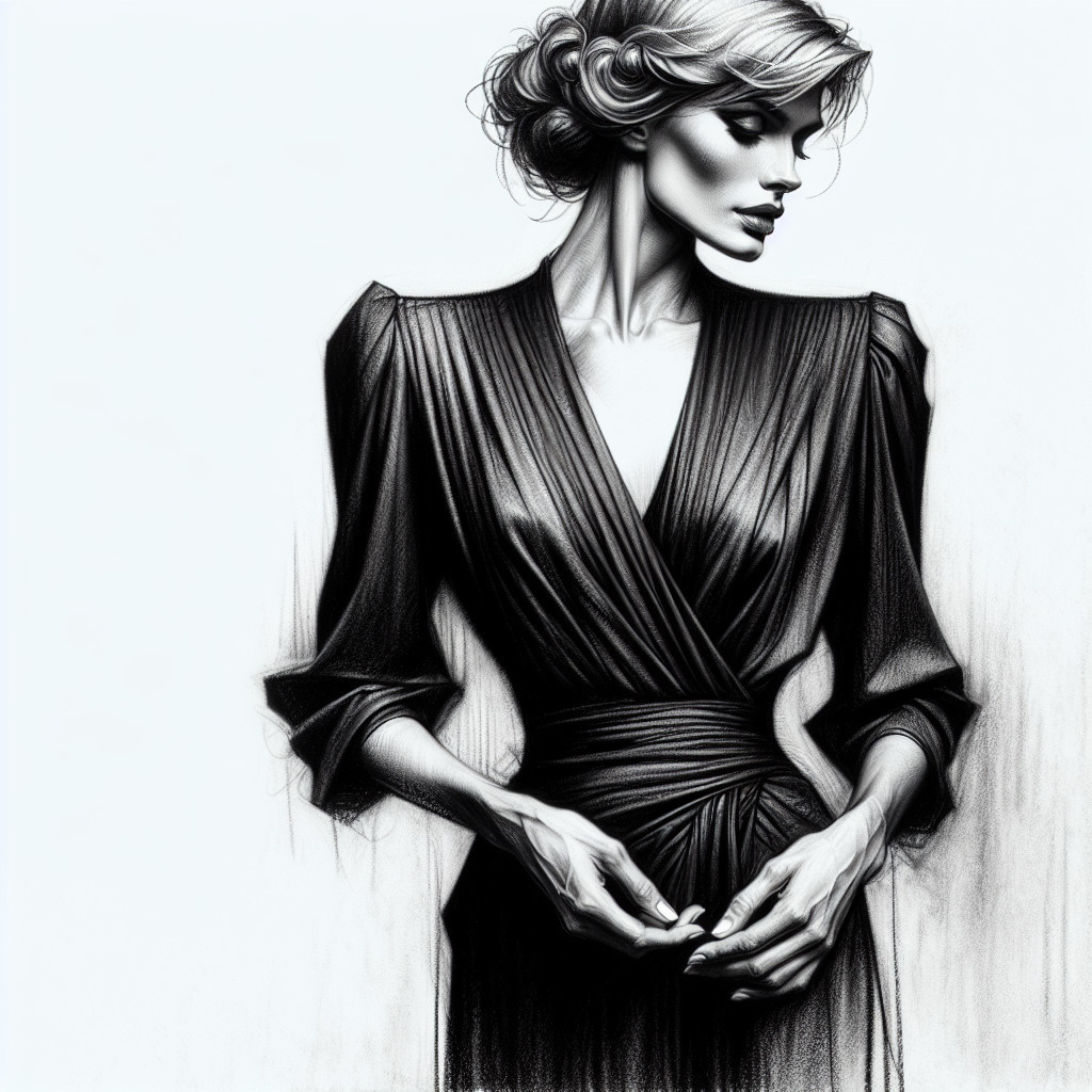 Monochrome Illustration of a Poised Woman in Dress