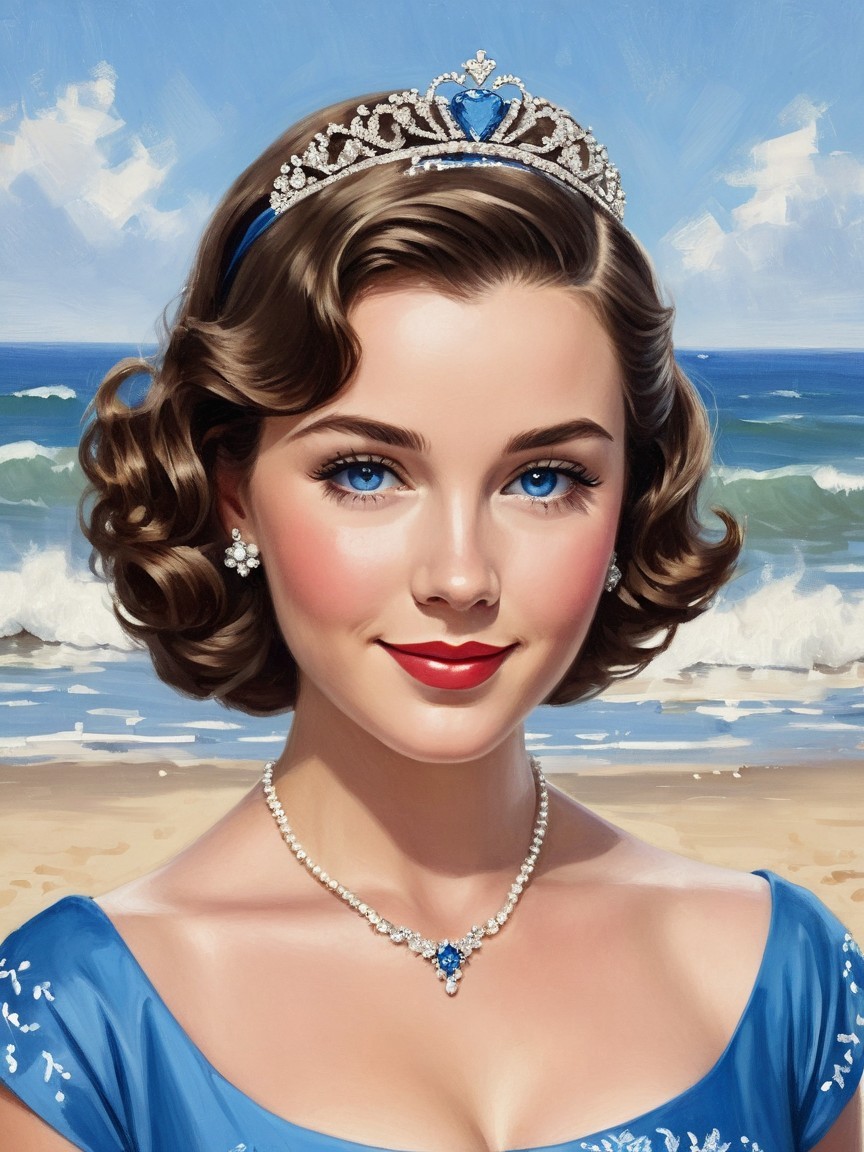 Young Woman in Blue Gown by the Beach with Tiara
