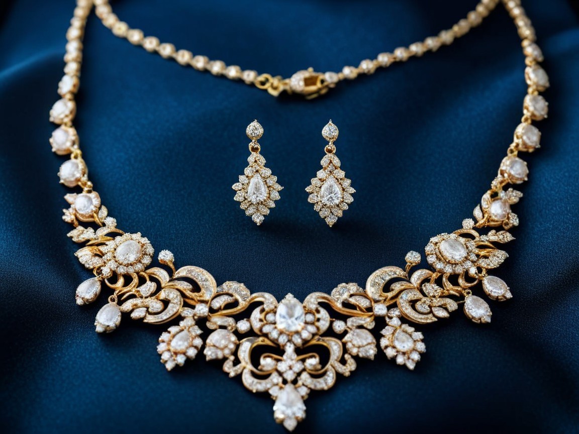 Gold Necklace and Drop Earrings Jewelry Set Details