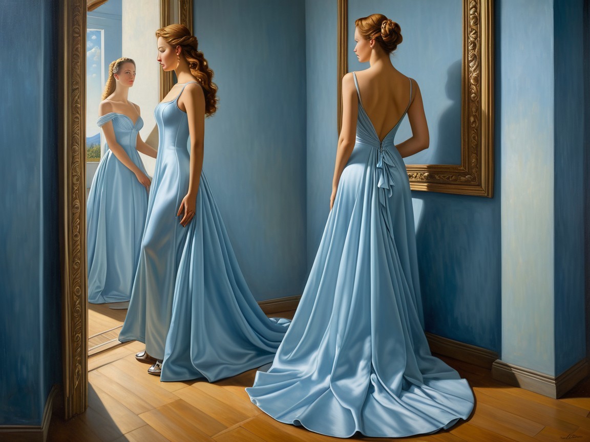 Elegant Room with Figures in Light Blue Gowns