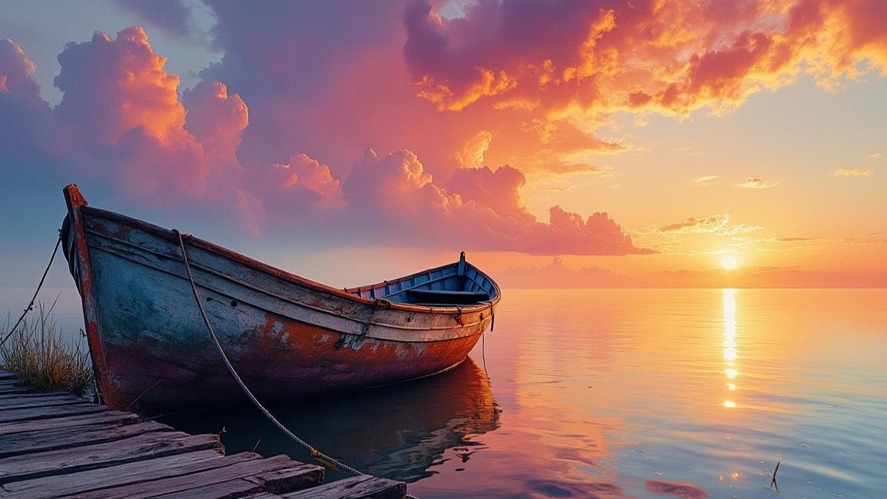 Serene Sunset Over Calm Waters with Wooden Boat