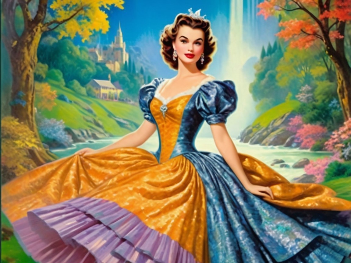 Fairytale Scene with Princess in Orange and Blue Gown