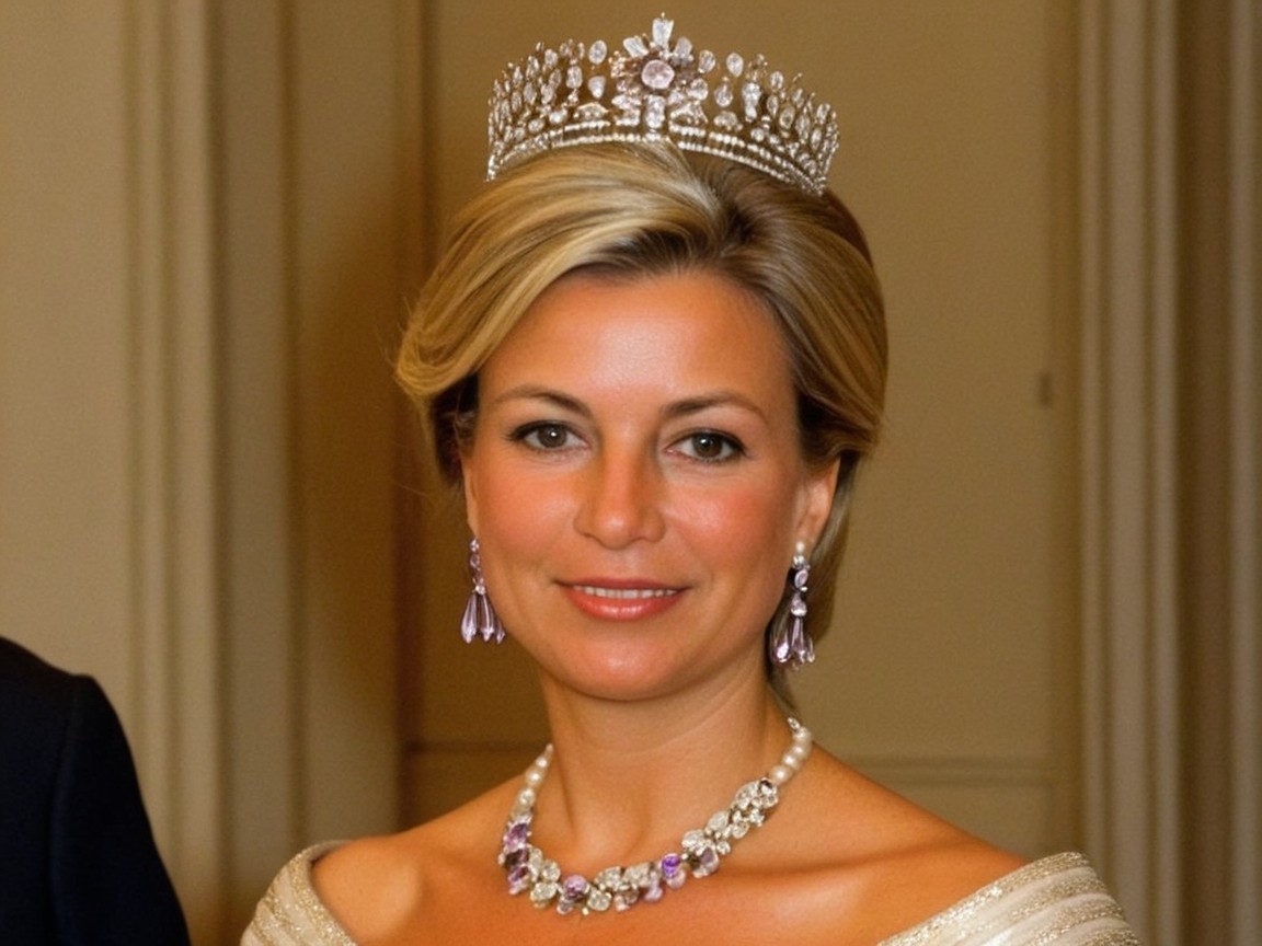 Elegant woman in gown with tiara and gemstone jewelry