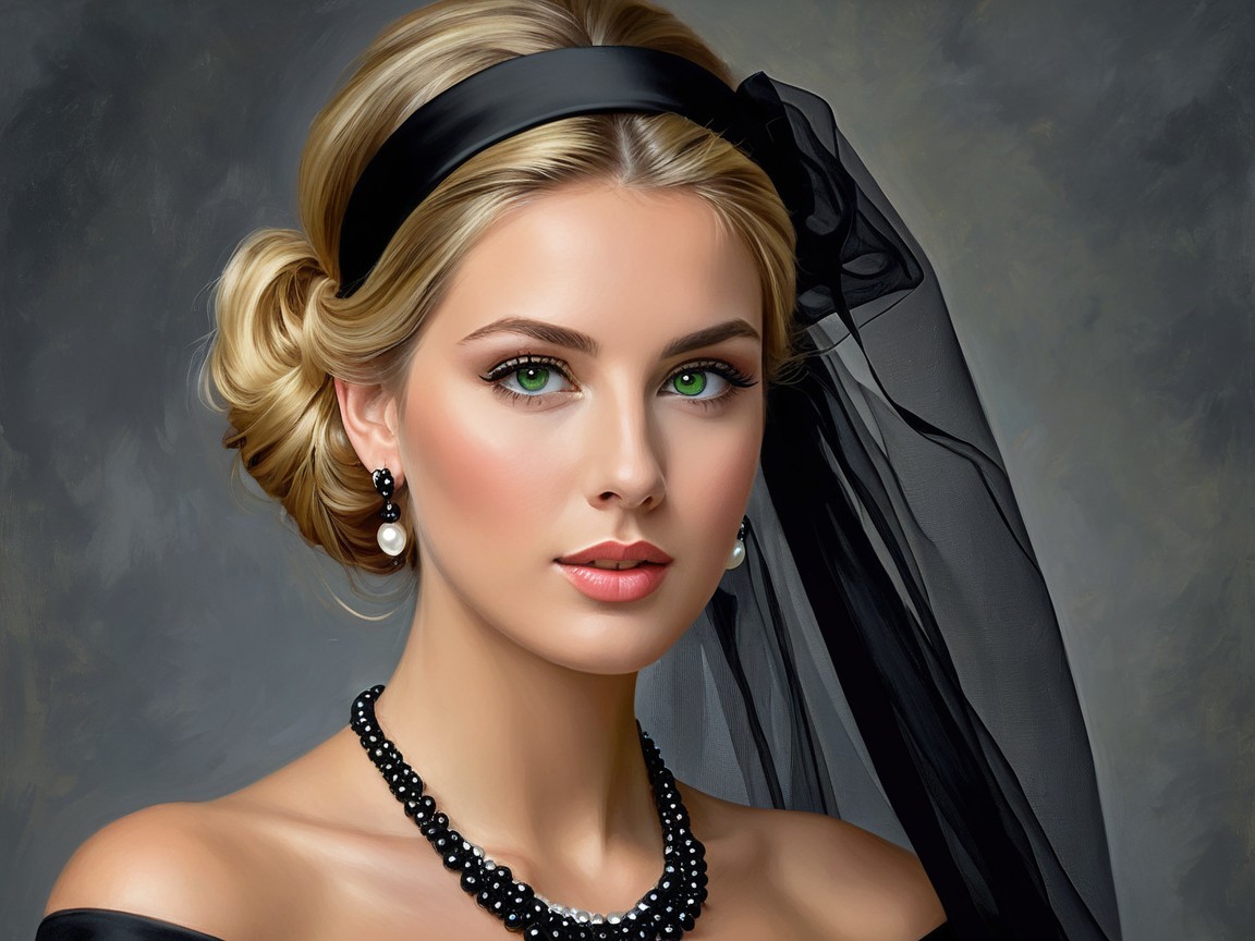 Elegant Portrait of a Woman with Green Eyes and Pearls