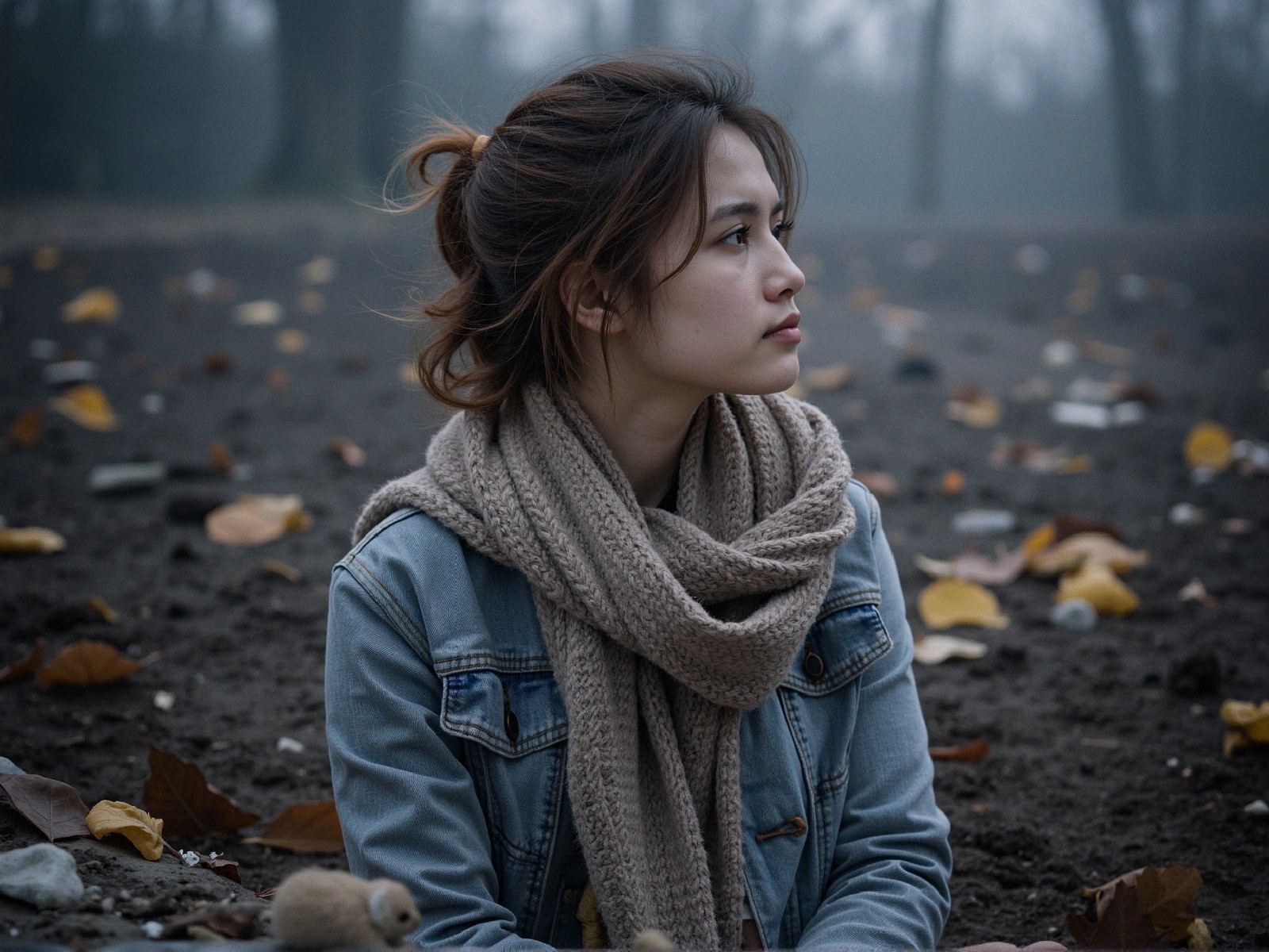 Young woman in denim jacket among fallen leaves