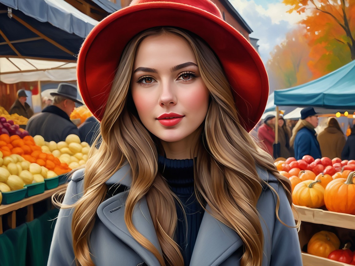 Young Woman in Gray Coat at Autumn Market Scene