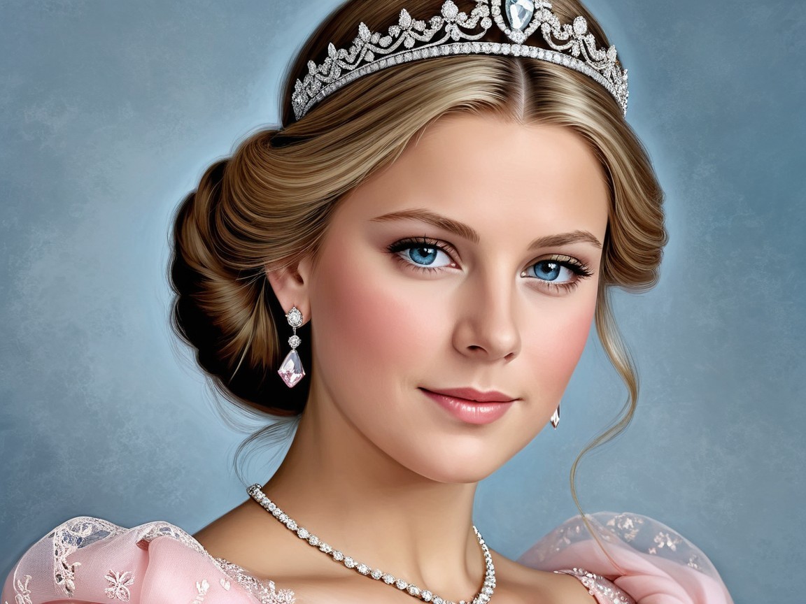 Young Woman in Pink Gown with Jewel Tiara and Blue Background
