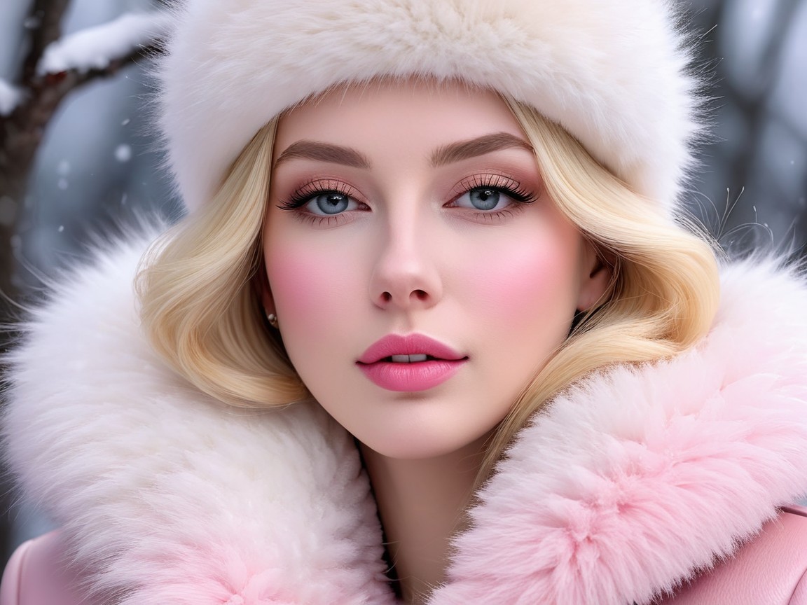 Young Woman in Pink Coat with Fur Hat in Snowy Scene