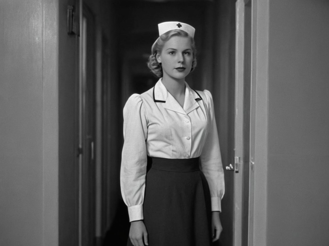 Nurse in Classic Uniform in Dimly Lit Corridor