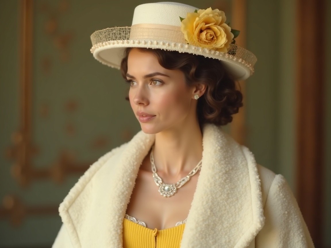 Elegant Vintage Attire with Cream Coat and Yellow Dress