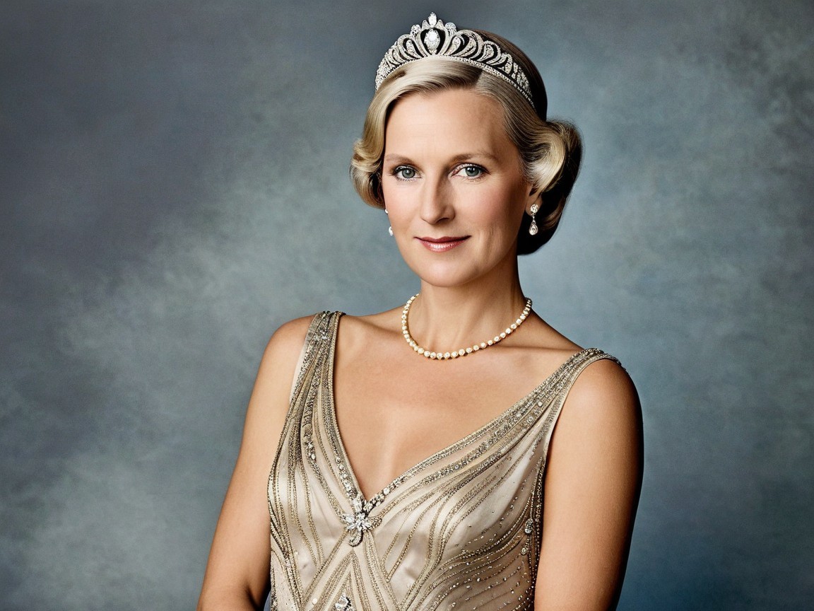 Elegant woman in beaded gown with tiara and pearls