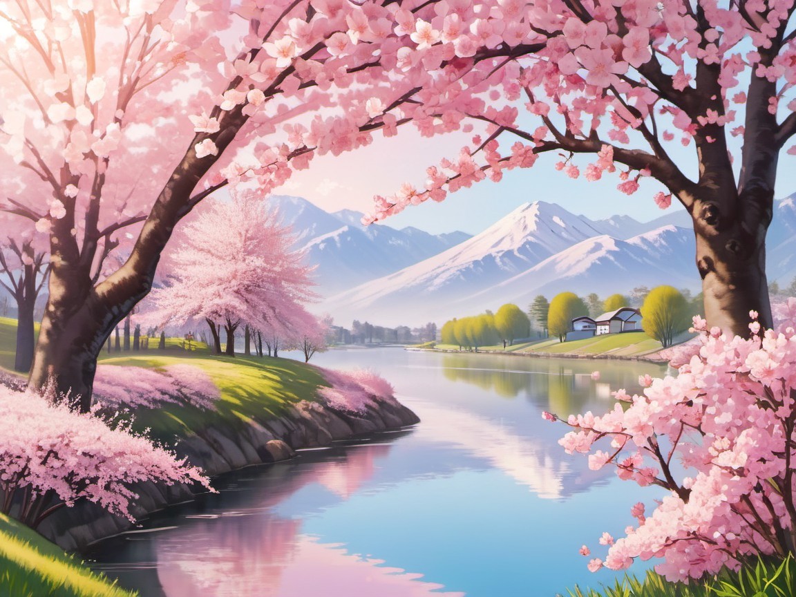 Serene Landscape with Cherry Blossoms and River