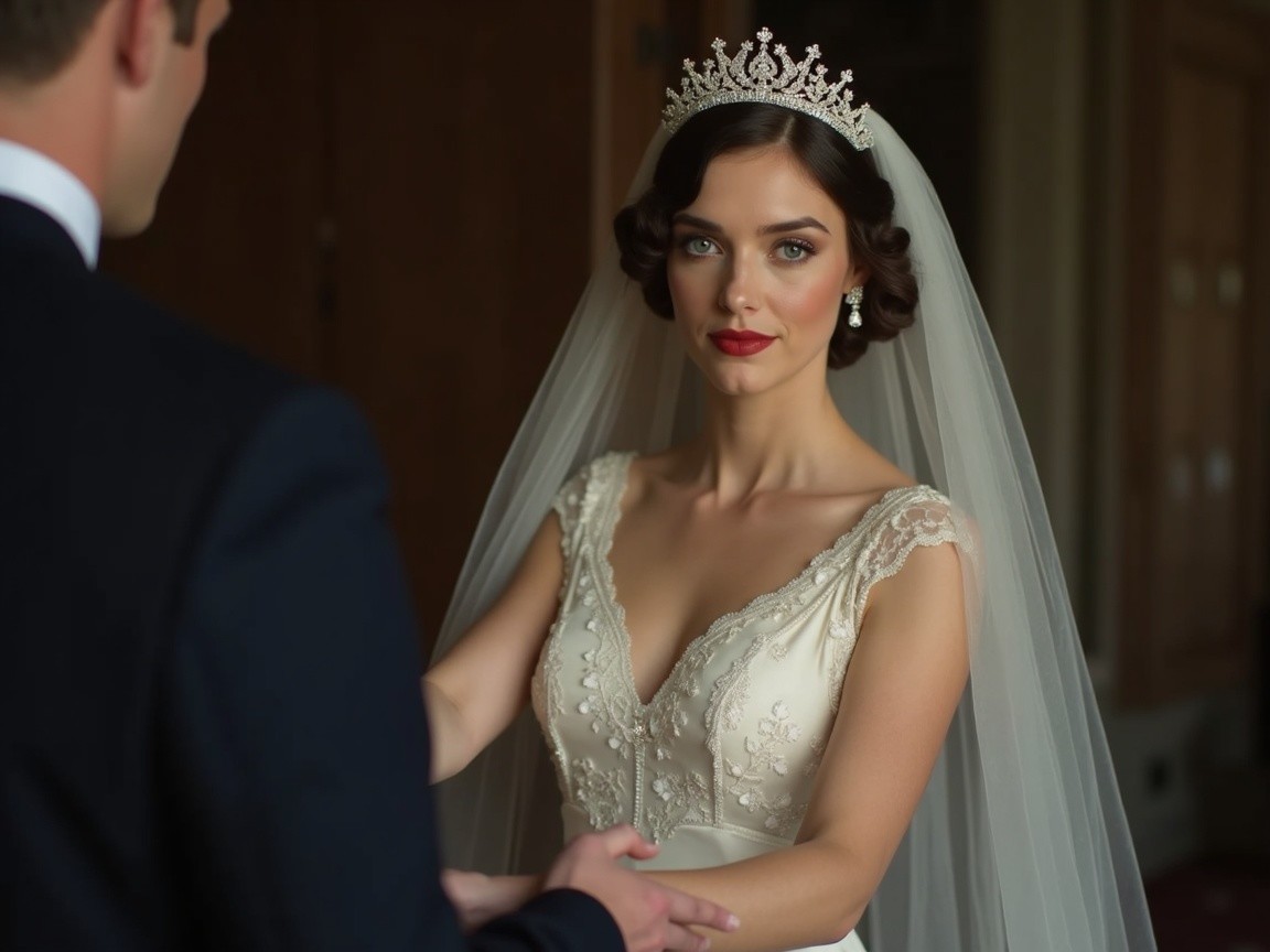 Bride in Lace Dress with Tiara and Veil Holding Hands