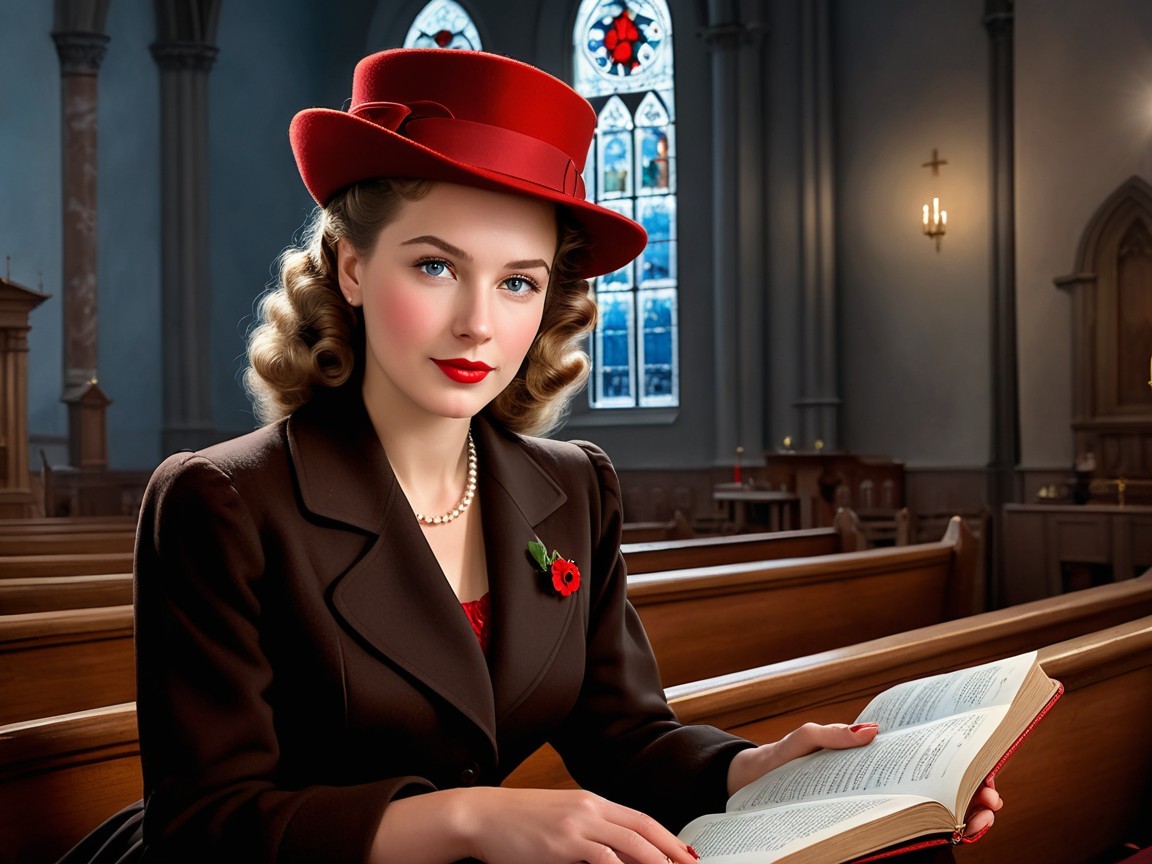 Vintage Style Woman in Church with Open Book