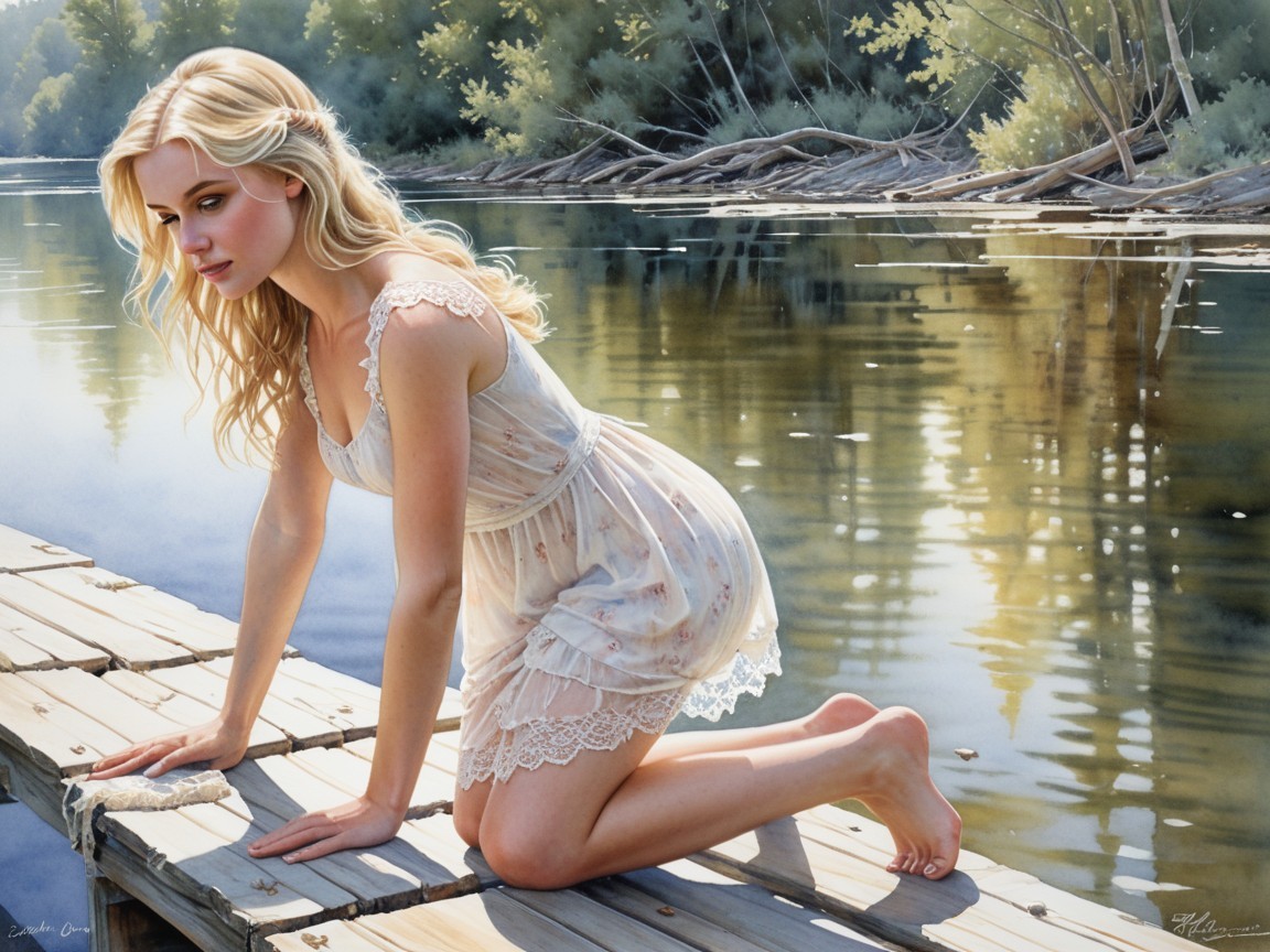 Young Woman on Dock by Tranquil Lake Scene