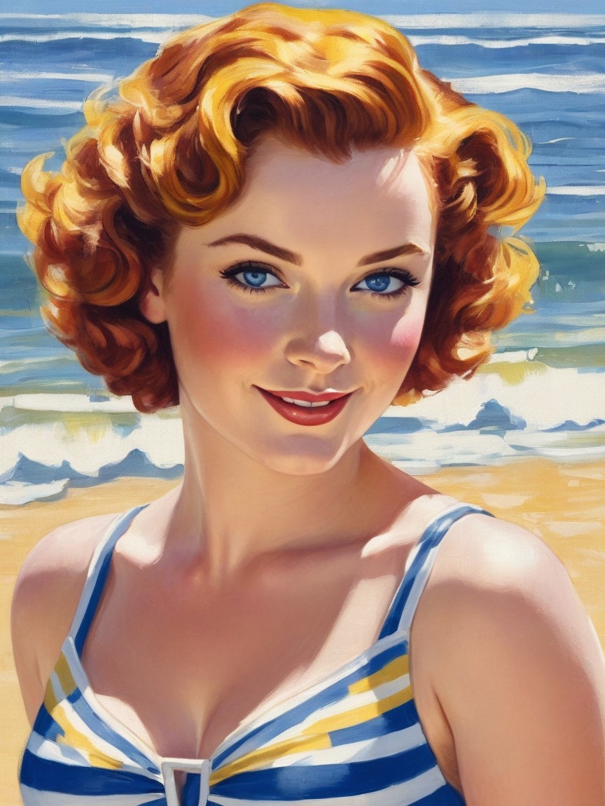 Cheerful Young Woman in Striped Swimsuit at Beach