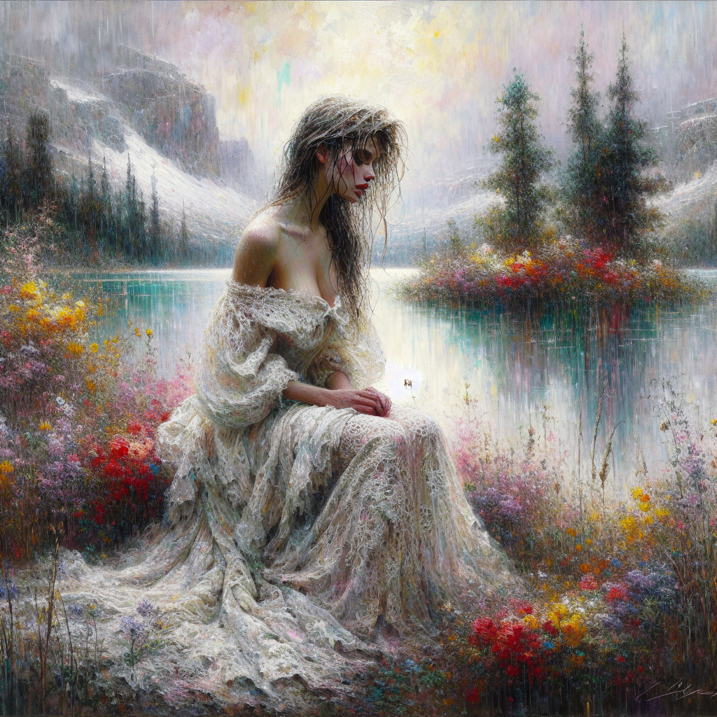 Woman in lace dress by tranquil lake at dawn