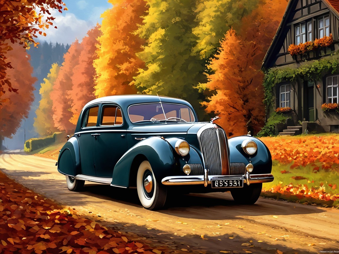 Vintage Blue Car Amidst Autumn Foliage and House