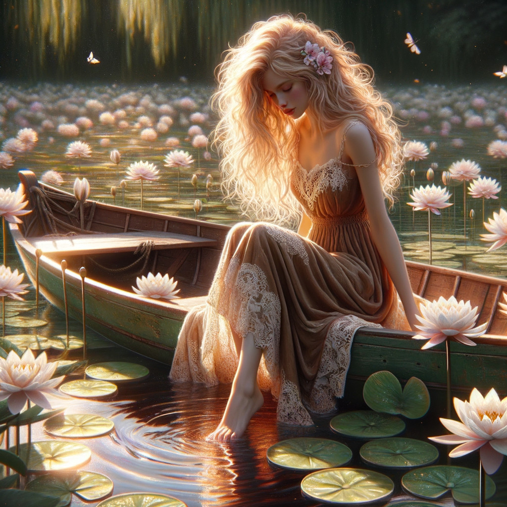 Young woman in boat on tranquil lake with lilies