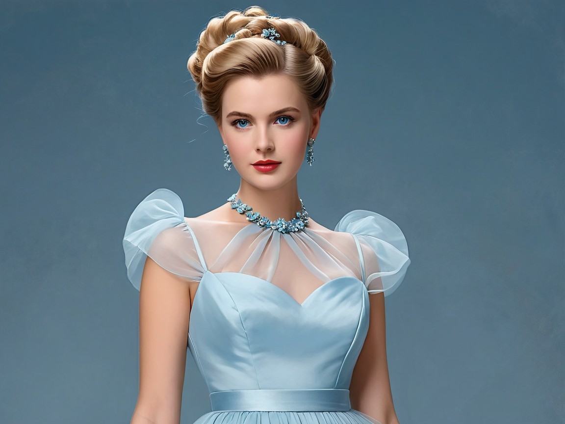 Elegant woman in soft blue gown with puff sleeves