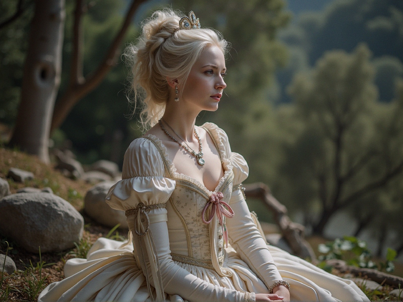 Young woman in vintage gown amidst lush greenery