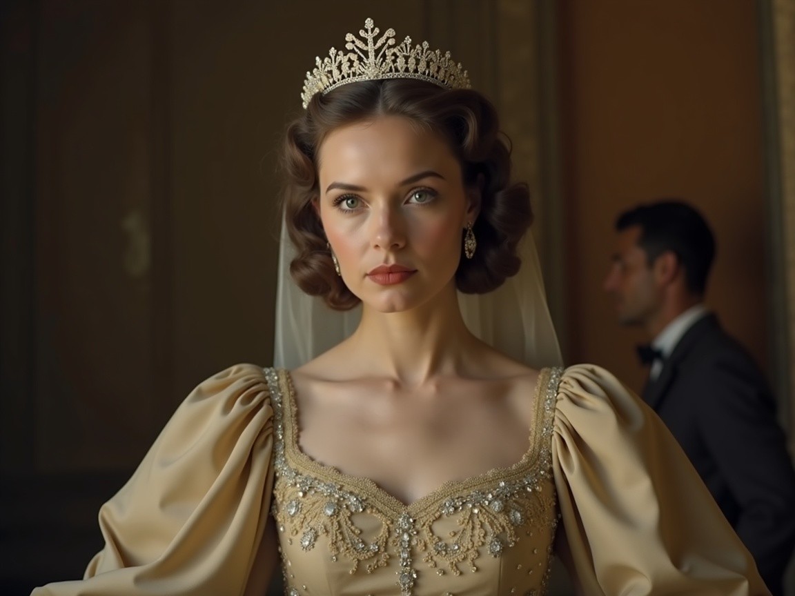 Elegant Woman in Gold Gown with Vintage Hairstyle