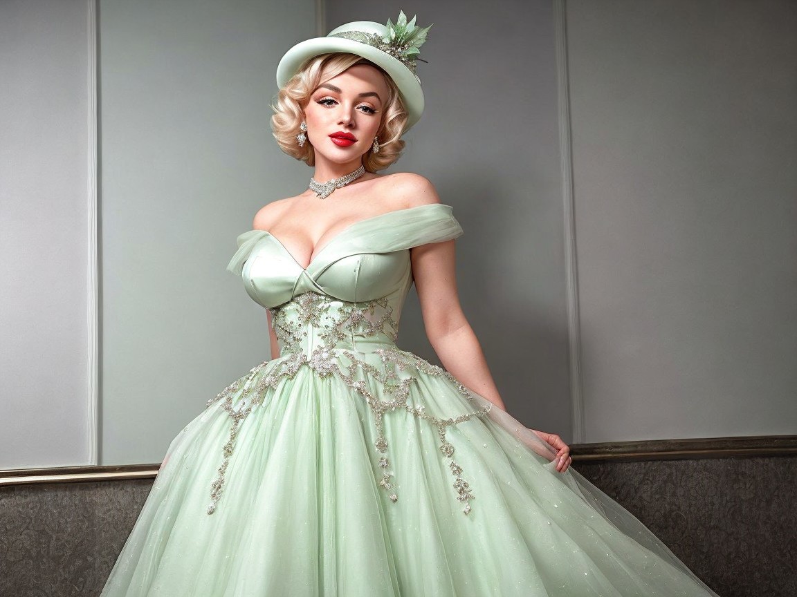 Elegant figure in mint green gown with beadwork details
