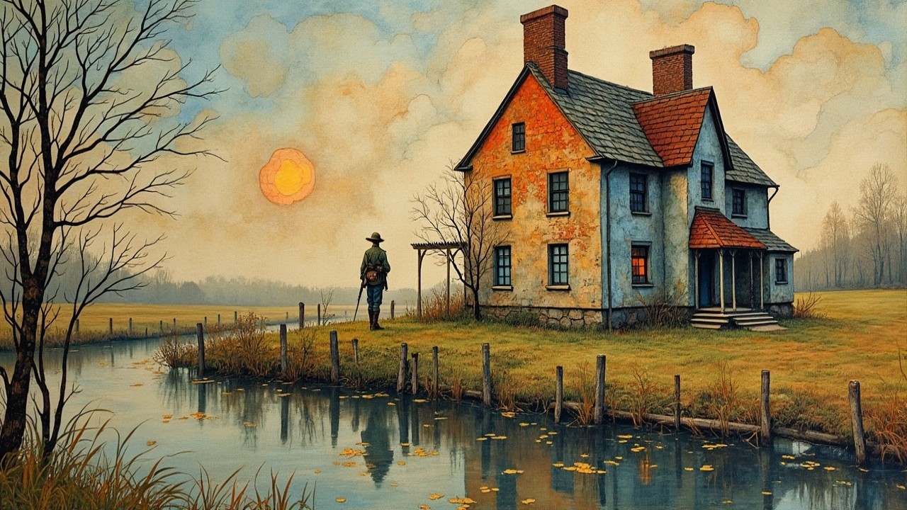 Serene Landscape with Rustic House and Sunset Reflection