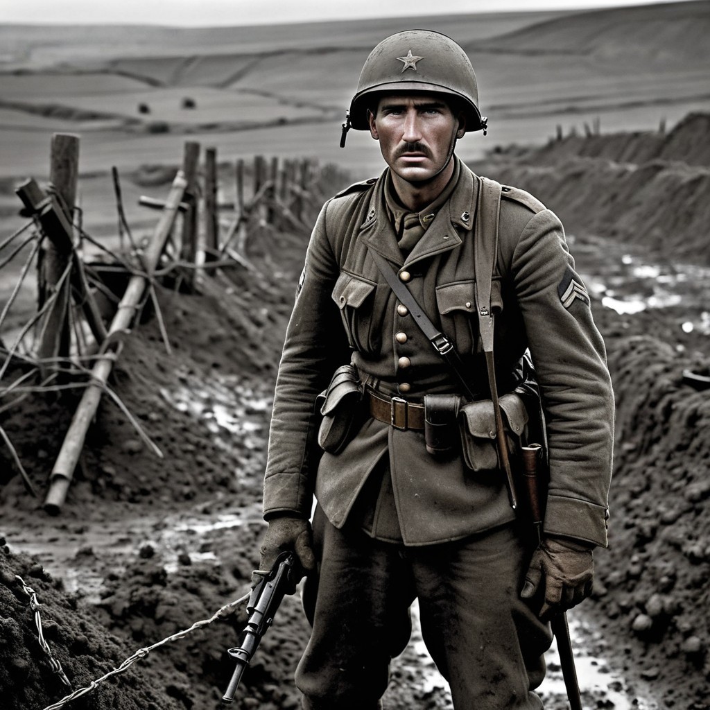 Lone Soldier in Muddy Trench with Vintage Uniform