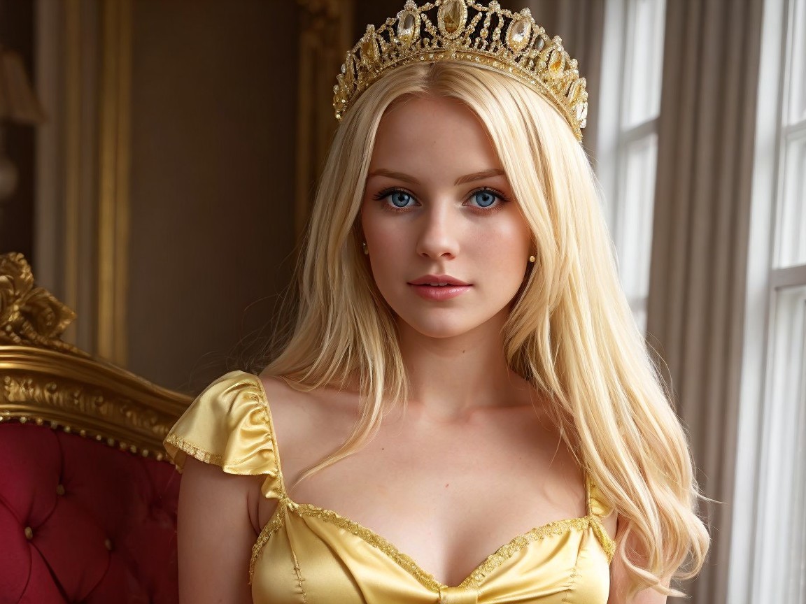 Young woman in golden dress on red chair