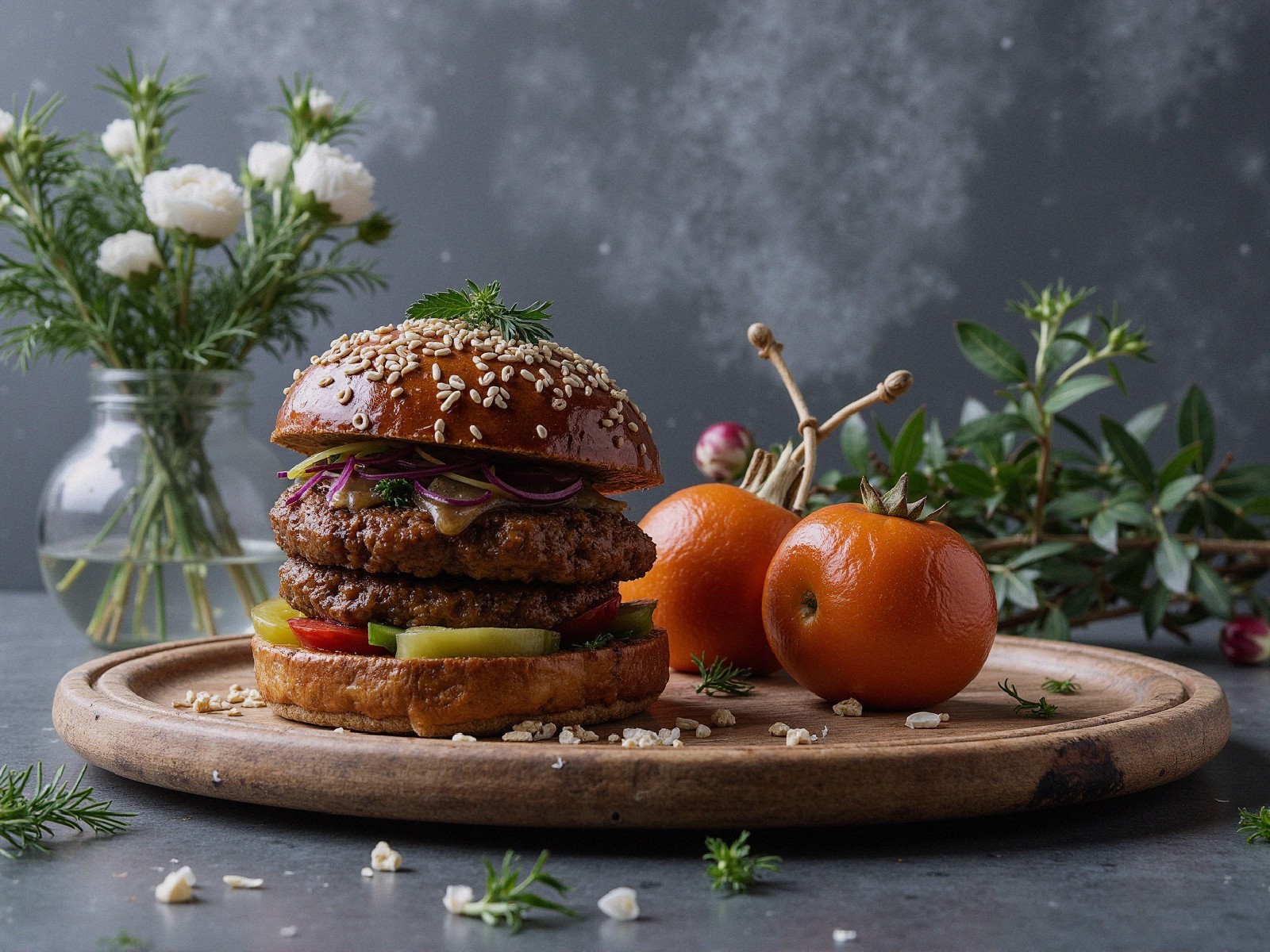 Burger Arrangement on Wooden Platter with Fresh Accents