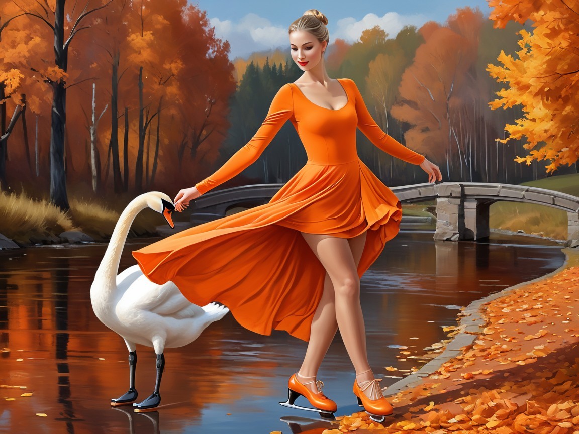 Woman in Orange Dress Skating by Autumn River