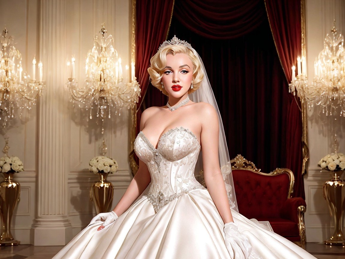 Elegant bride in luxurious wedding gown with opulent decor
