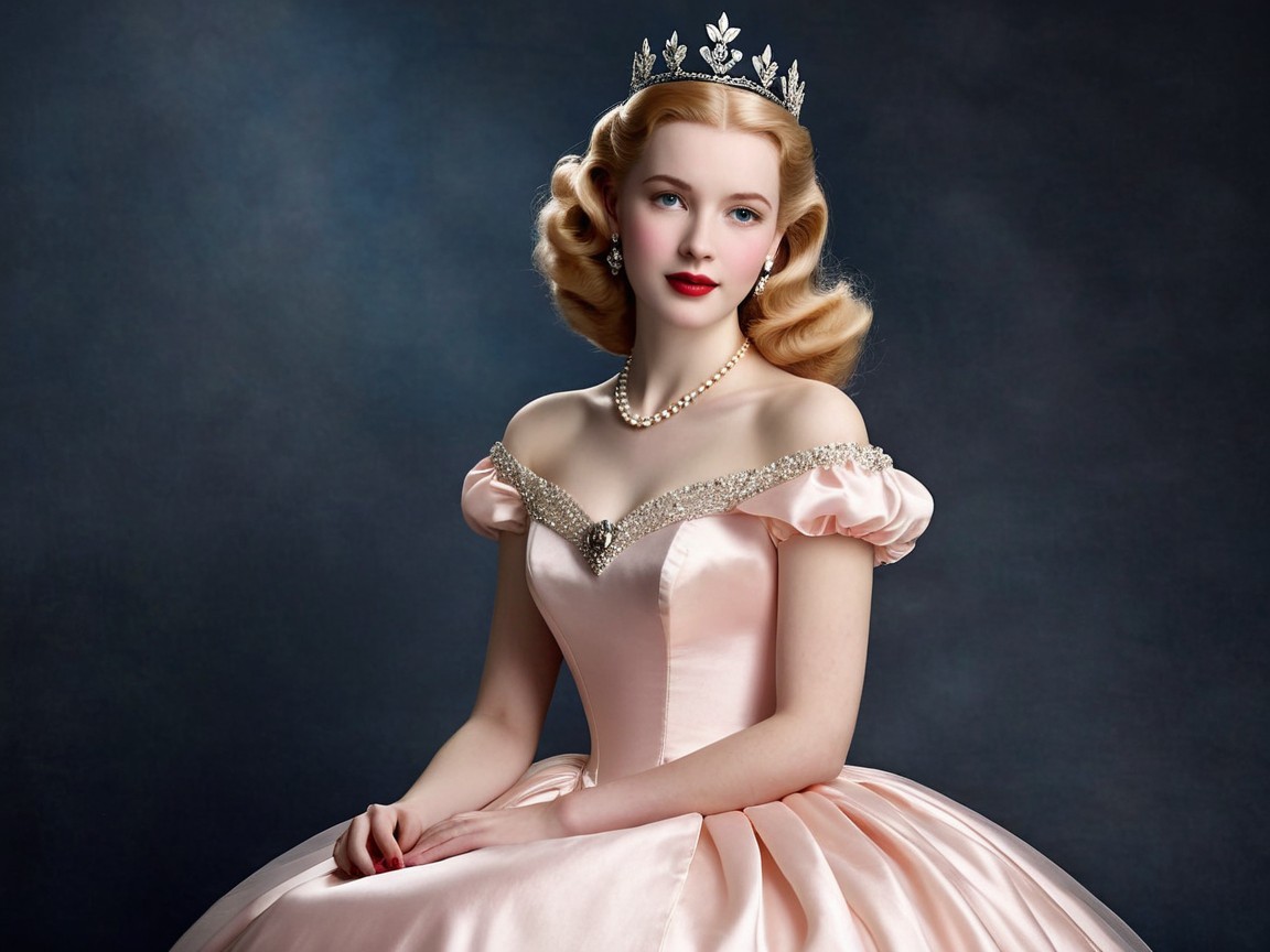 Young Woman in Elegant Off-the-Shoulder Pink Gown