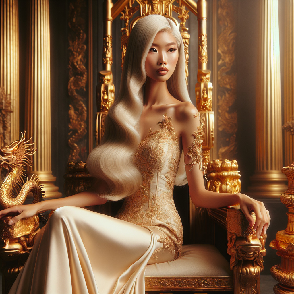 Elegant Woman on Ornate Throne in Golden Gown