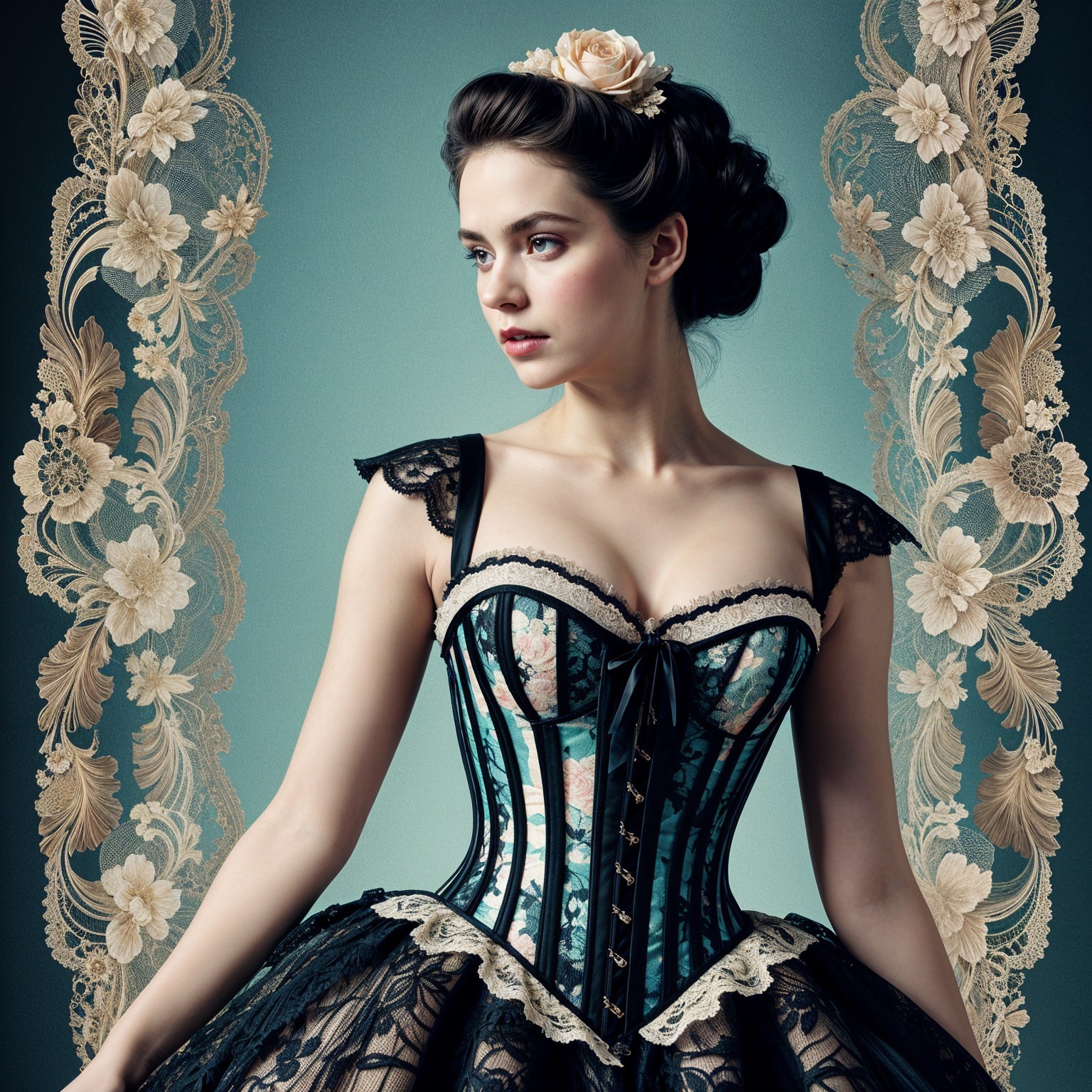 Elegant Vintage Corset with Floral Patterns and Lace