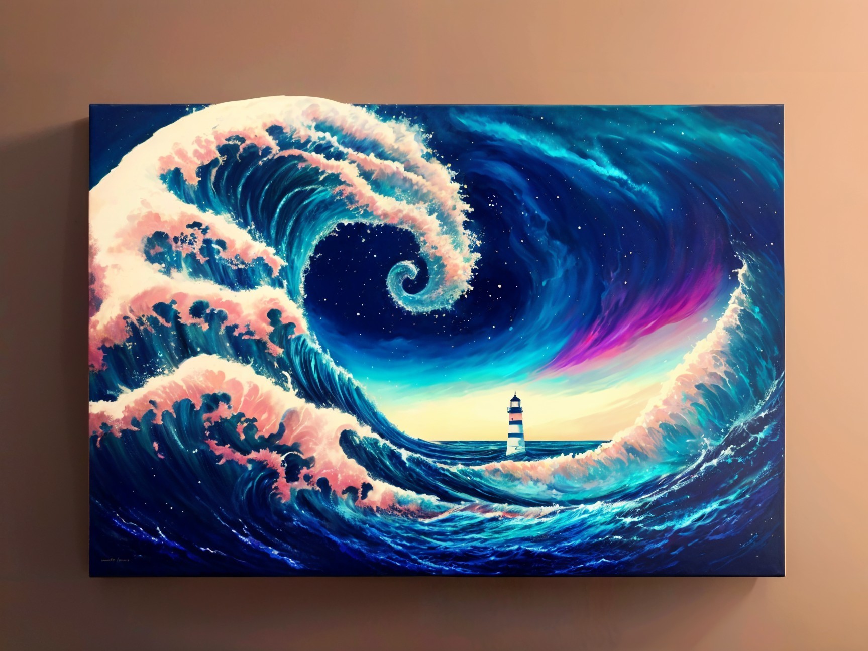 Vibrant painting of ocean wave and serene horizon