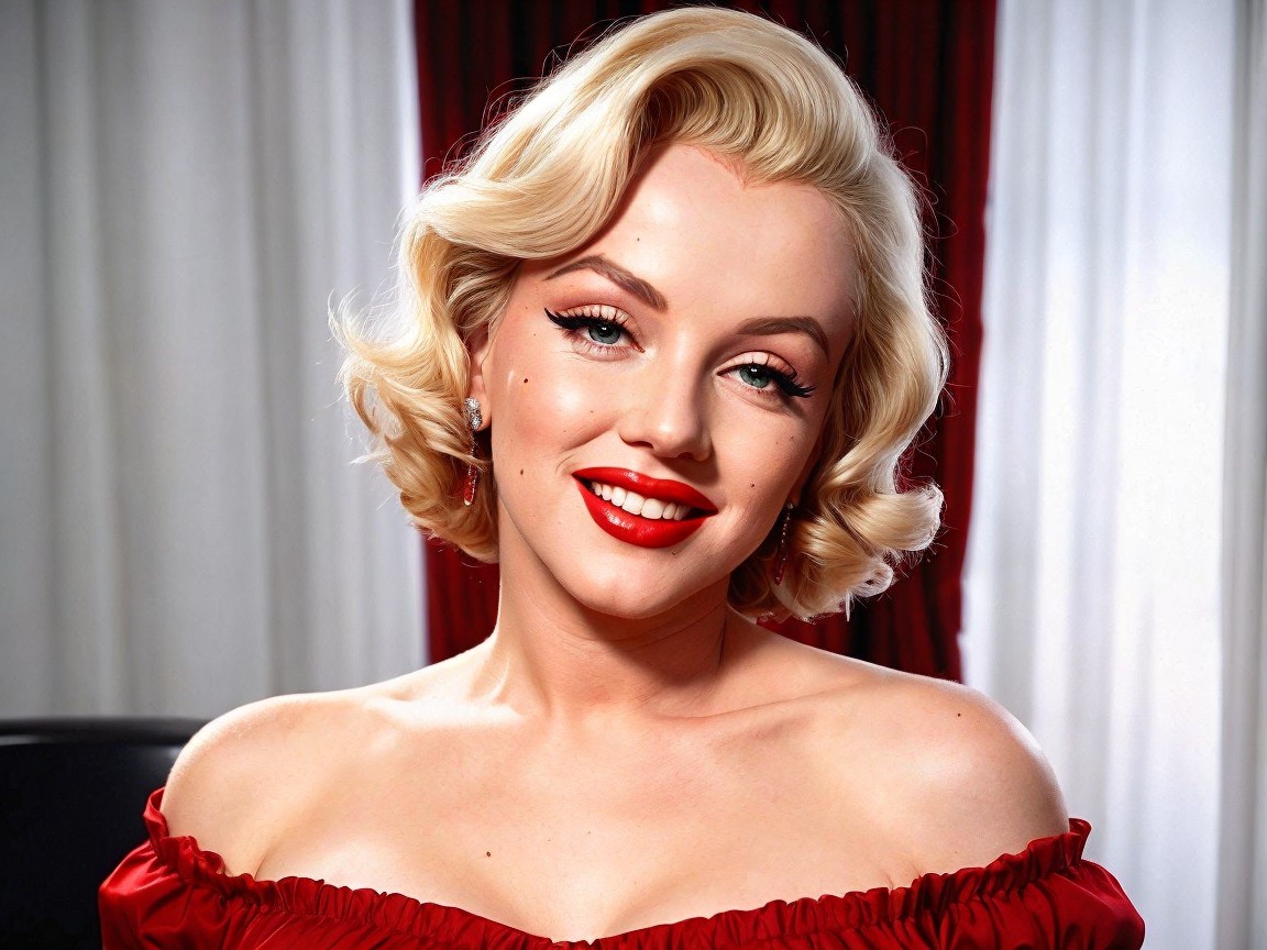 Glamorous Woman in Red Dress with Elegant Curls