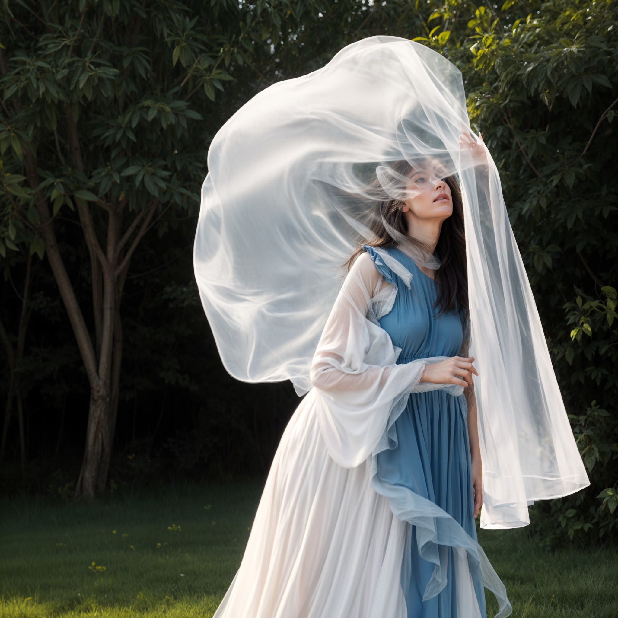 Woman in flowing blue and white dress in lush nature