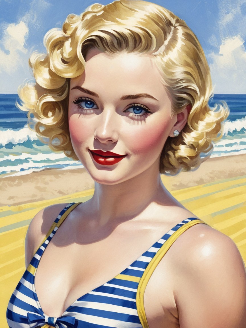 Retro Illustration of a Confident Woman at the Beach